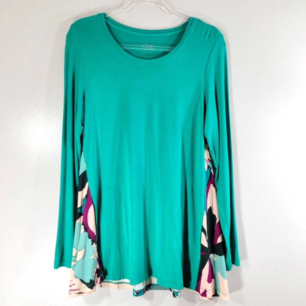 LOGO Lori Goldstein teal multicolor abstract floral flowy pullover top